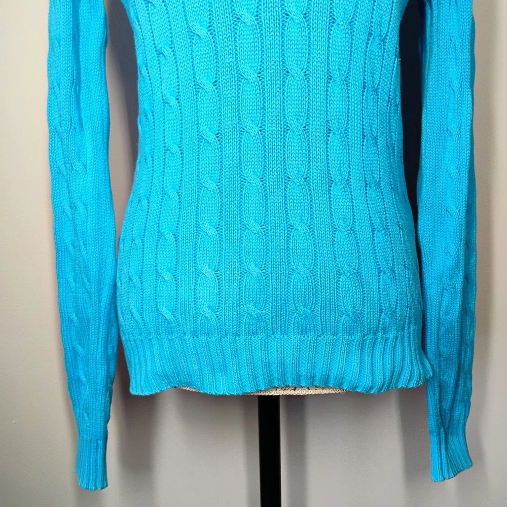 Ralph Lauren Sport Cable Knit Sweater Womens Medium Blue Yellow Pony Logo Preppy
